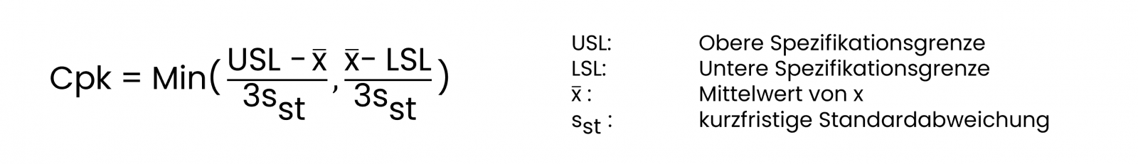 Calculate Cpk Critical process capability. Use this formula. The equation is about Lower and Upper Specification Limit.