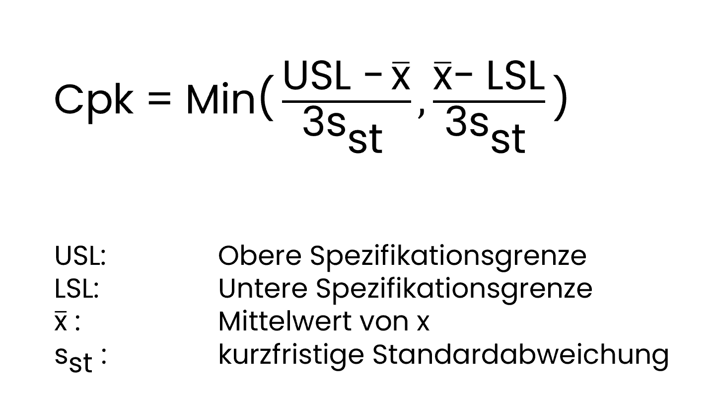 Calculate Cpk Critical process capability. Use this formula. The equation is about Lower and Upper Specification Limit.