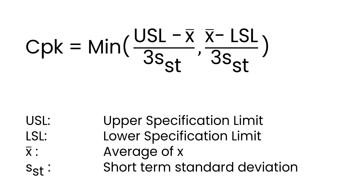 Calculate Cpk Critical process capability. Use this formula. The equation is about Lower and Upper Specification Limit.