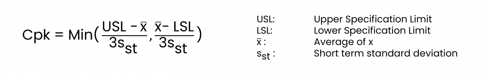 Calculate Cpk Critical process capability. Use this formula. The equation is about Lower and Upper Specification Limit.