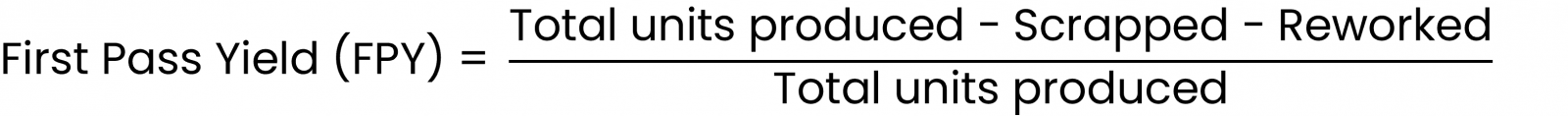 How to calculate FPY, First Past Yield? Use this formula. Devide total units produced minus scrapped and reworked units and divide. 