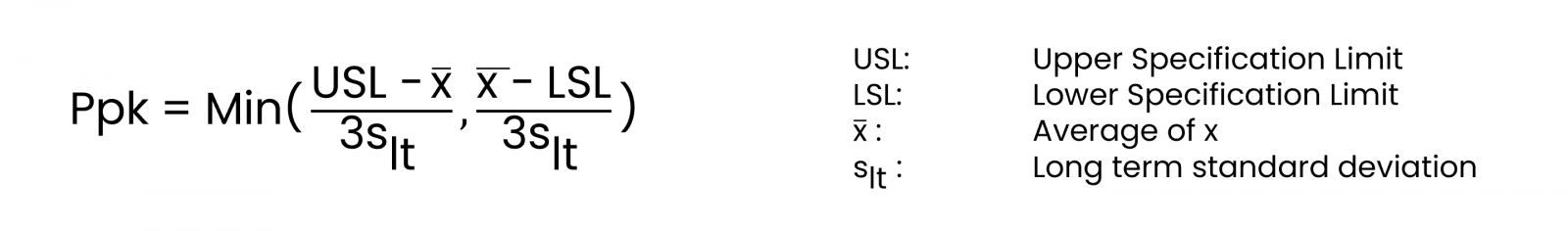 Calculate Cpk Critical process capability. Use this formula. The equation is about Lower and Upper Specification Limit.